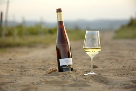 Weingut Langenwalter Weinflasche und Glas im Sand